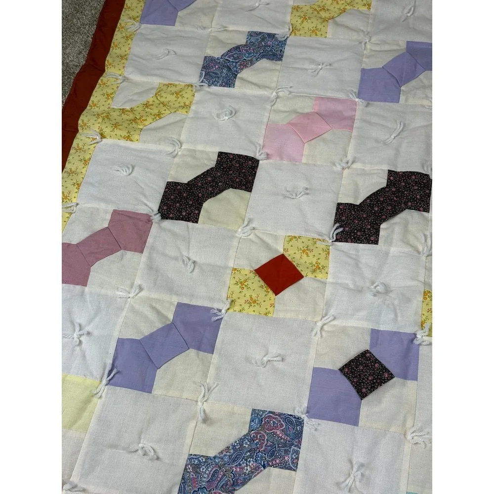 Handmade Vintage Patchwork Tied Quilt Bow 51x41 Baby VTG Nursery Farmhouse Decor